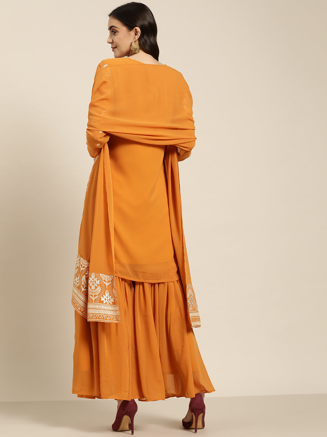 Women's Orange & Silver Ethnic Motifs Foil Printed Straight Kurta Sharara Dupatta ( JOKPS D32O 1444 Orange ) - Jompers