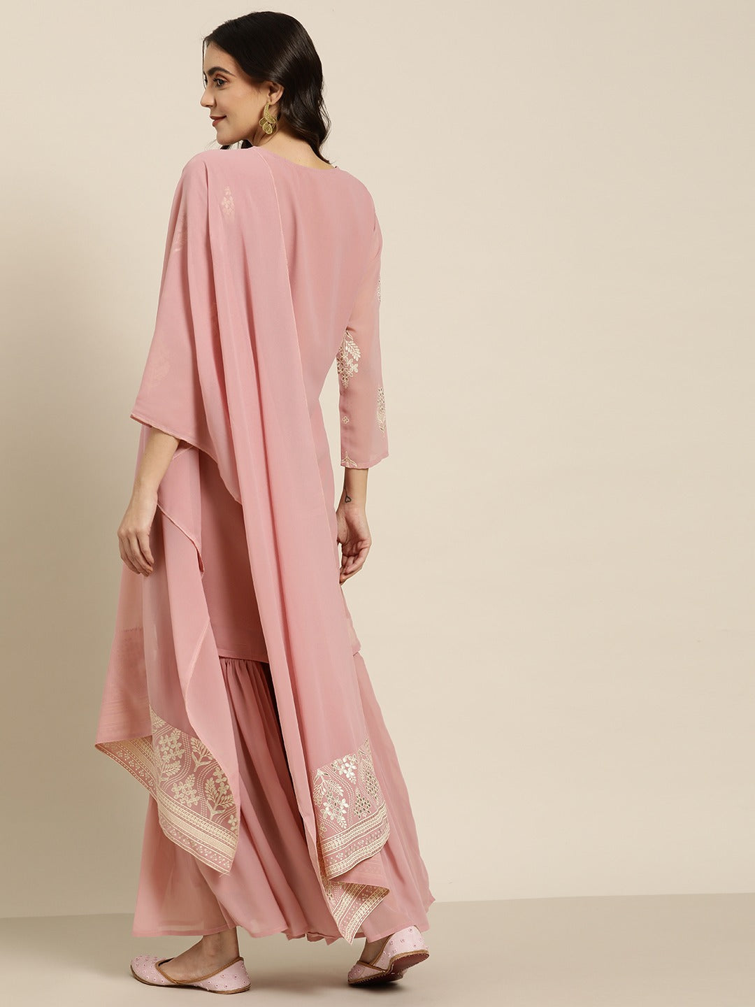 Women's Pink & Silver Ethnic Motifs Foil Printed Straight Kurta Sharara Dupatta ( JOKPS D32P 1444 Pink ) - Jompers