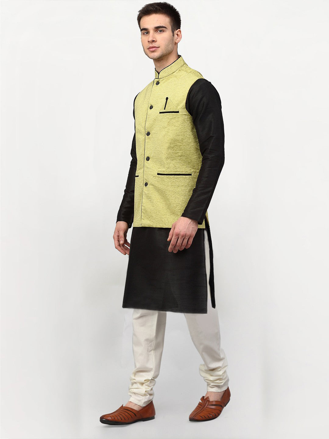 Men's Black Dupion Silk Kurta with Churidar & Nehru Jacket ( JOKPWC B-D 4024Green ) - Virat Fashions
