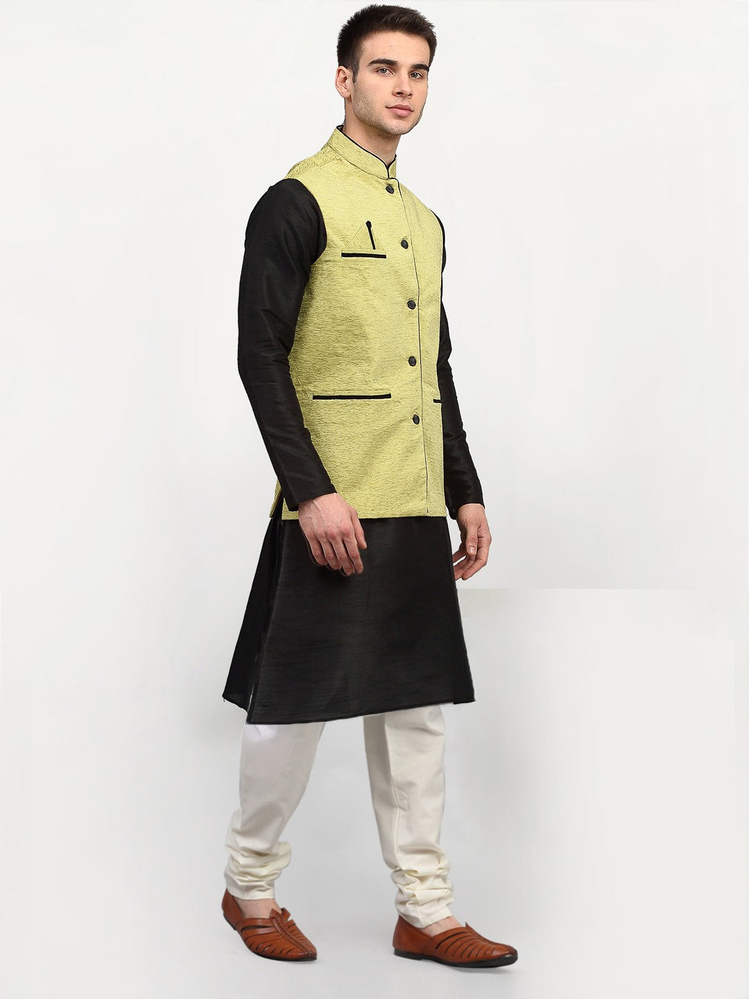 Men's Black Dupion Silk Kurta with Churidar & Nehru Jacket ( JOKPWC B-D 4024Green ) - Virat Fashions