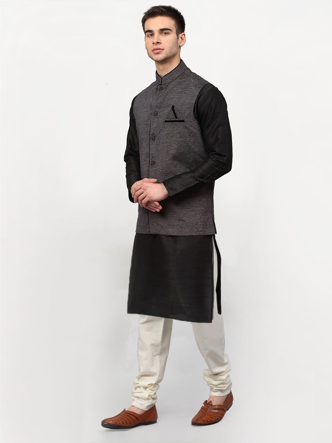 Men's Black Dupion Silk Kurta with Churidar & Nehru Jacket ( JOKPWC B-D 4024Grey ) - Virat Fashions