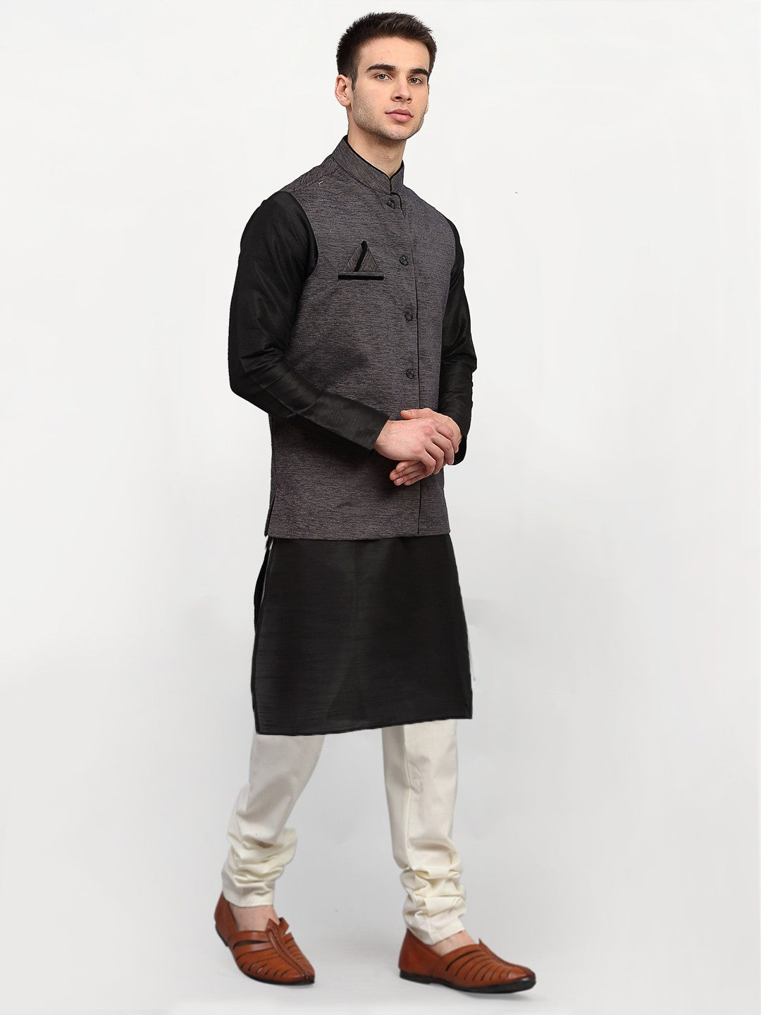 Men's Black Dupion Silk Kurta with Churidar & Nehru Jacket ( JOKPWC B-D 4024Grey ) - Virat Fashions