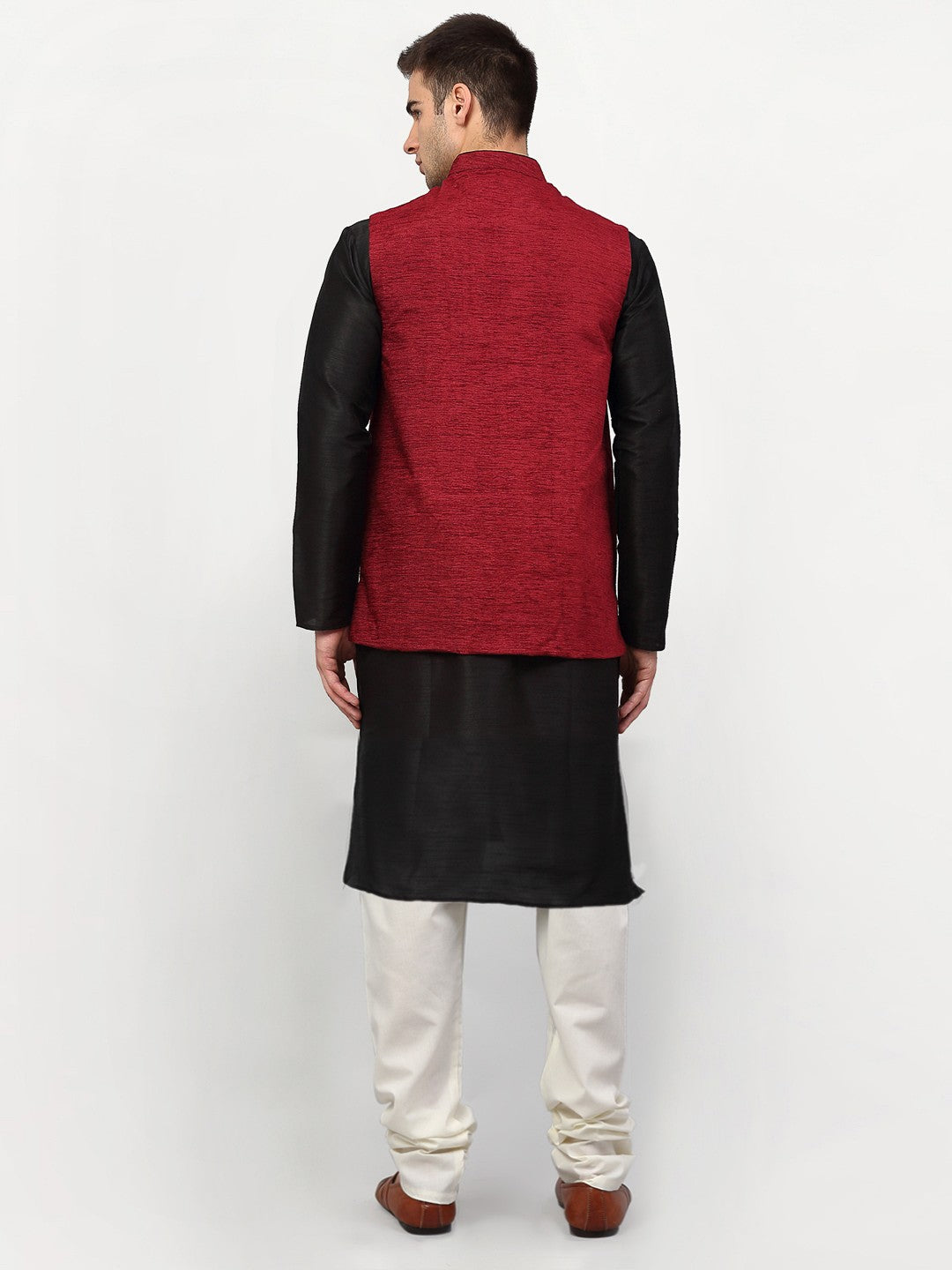 Men's Black Dupion Silk Kurta with Churidar & Nehru Jacket ( JOKPWC B-D 4024Maroon ) - Virat Fashions