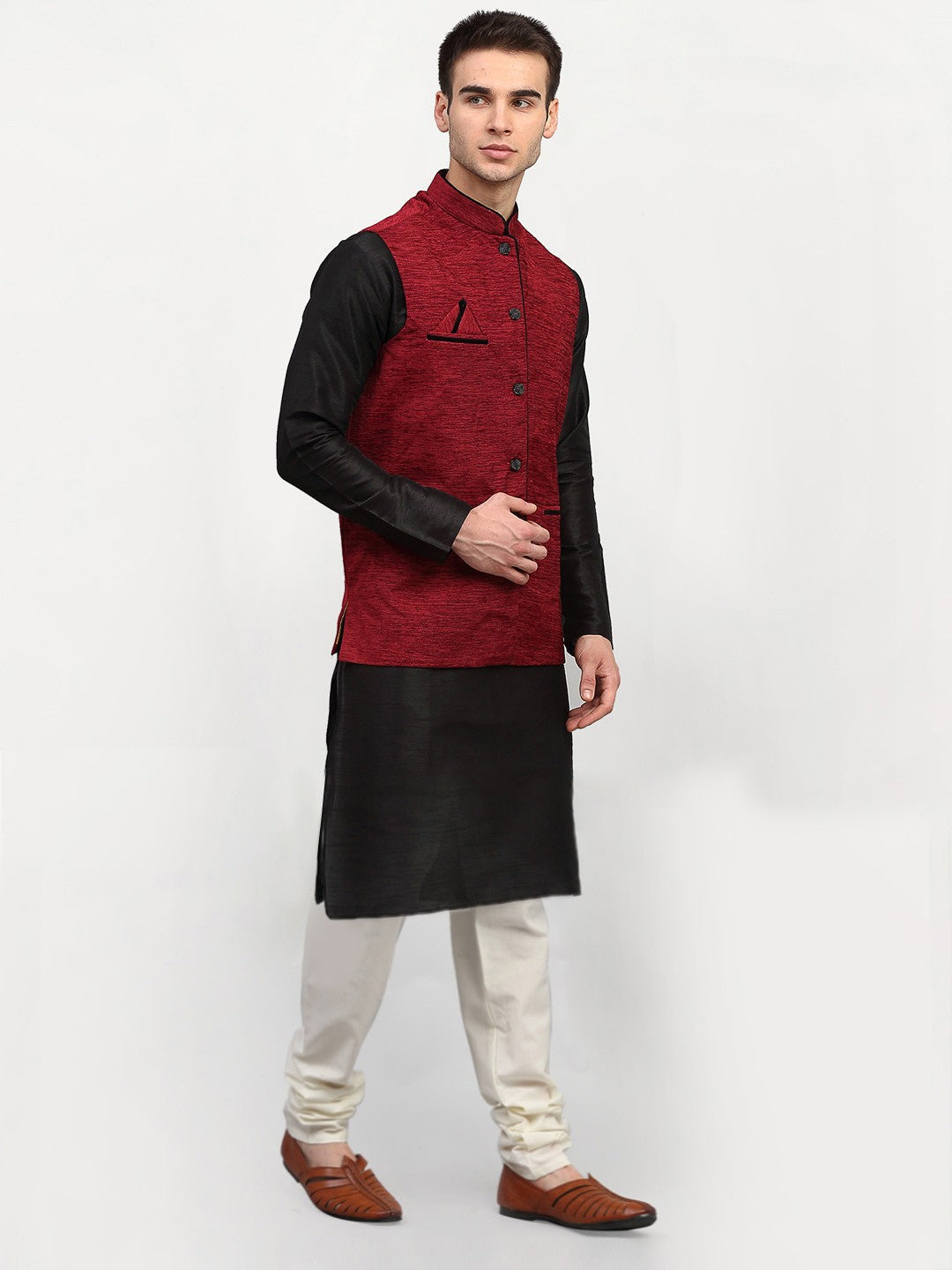 Men's Black Dupion Silk Kurta with Churidar & Nehru Jacket ( JOKPWC B-D 4024Maroon ) - Virat Fashions