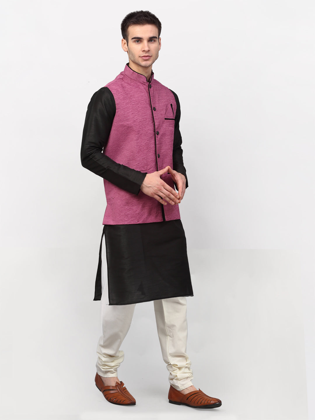 Men's Black Dupion Silk Kurta with Churidar & Nehru Jacket ( JOKPWC B-D 4024Purple ) - Virat Fashions