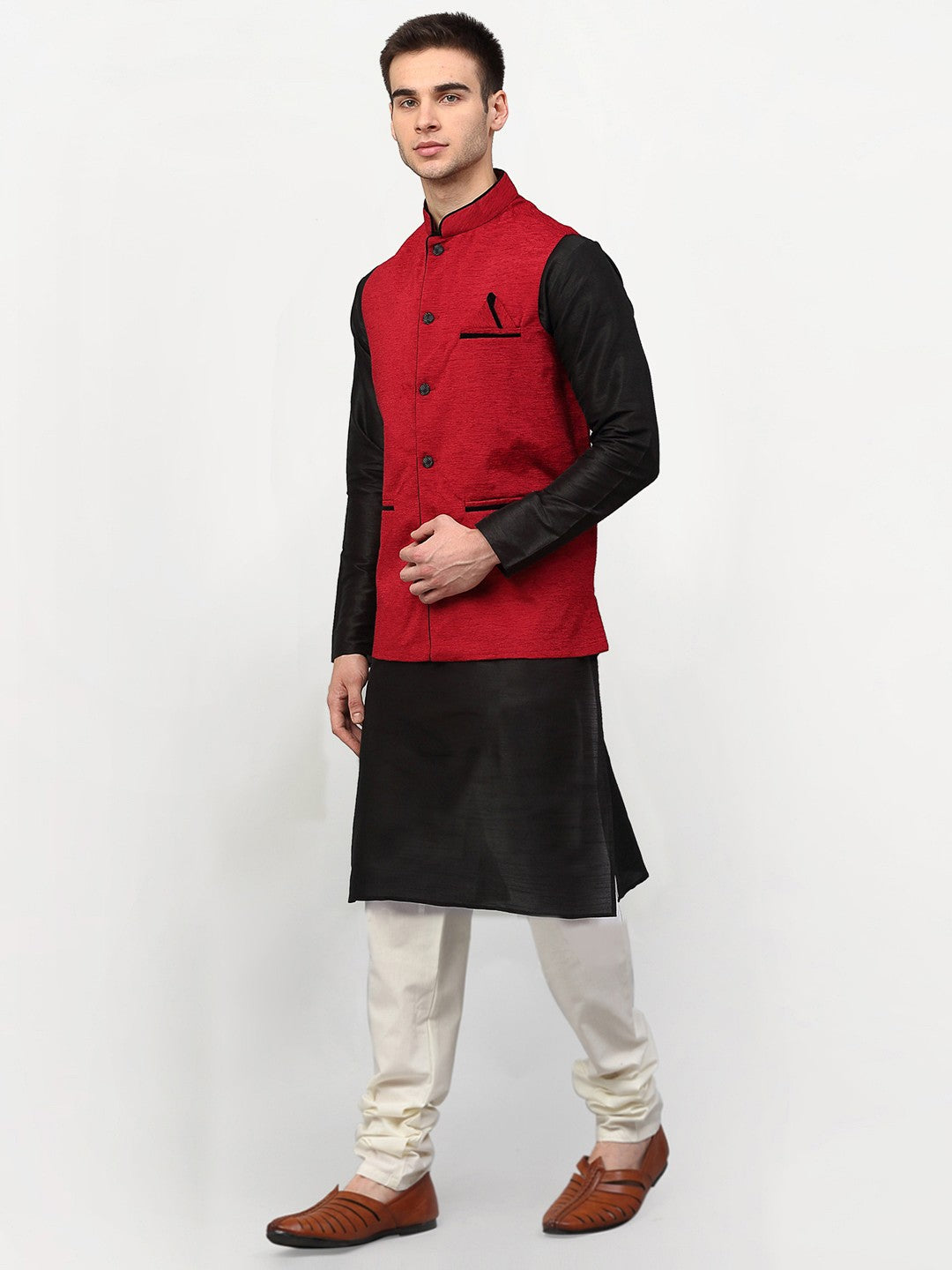 Men's Black Dupion Silk Kurta with Churidar & Nehru Jacket ( JOKPWC B-D 4024Red ) - Virat Fashions