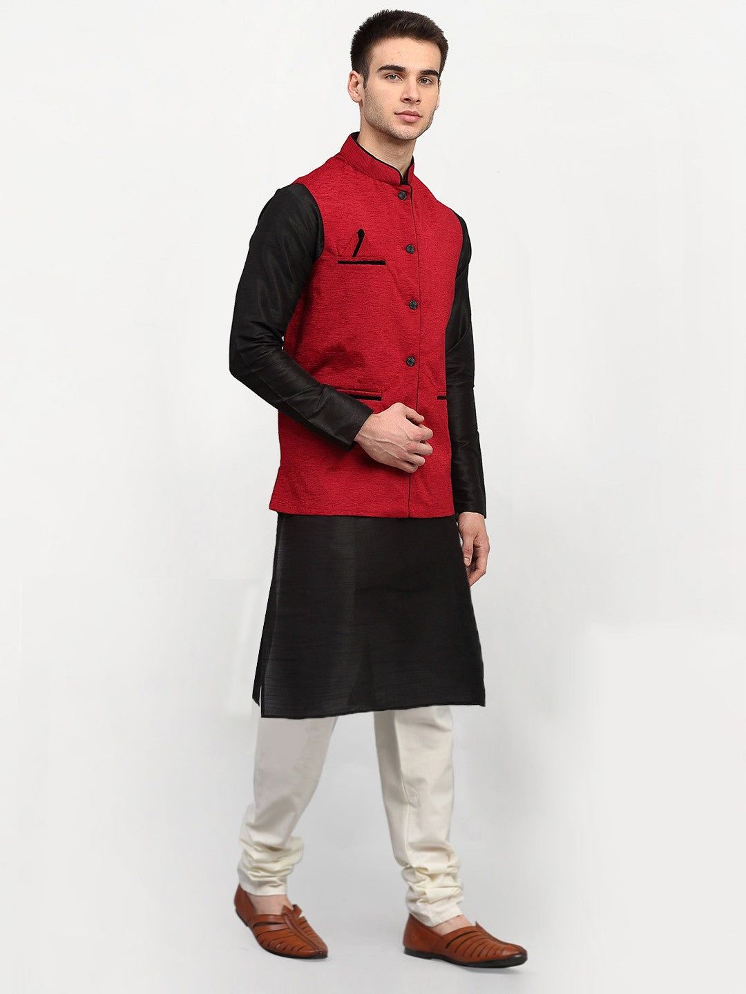 Men's Black Dupion Silk Kurta with Churidar & Nehru Jacket ( JOKPWC B-D 4024Red ) - Virat Fashions