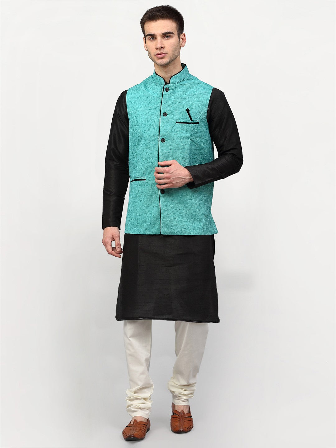 Men's Black Dupion Silk Kurta with Churidar & Nehru Jacket ( JOKPWC B-D 4024Sky ) - Virat Fashions