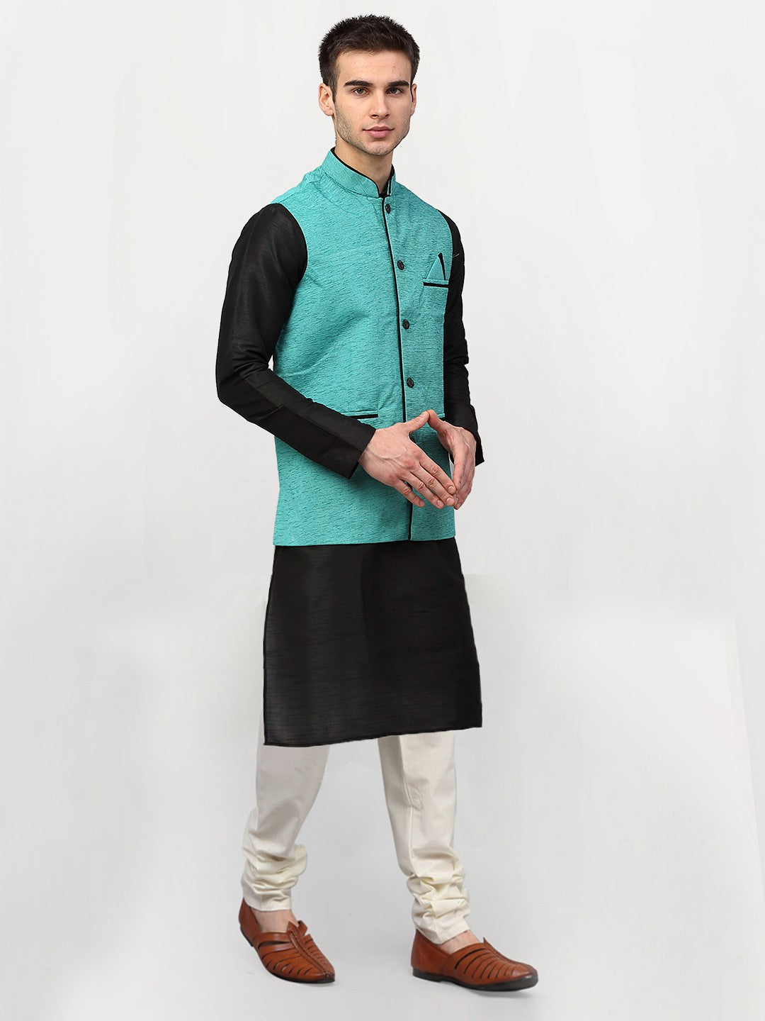 Men's Black Dupion Silk Kurta with Churidar & Nehru Jacket ( JOKPWC B-D 4024Sky ) - Virat Fashions