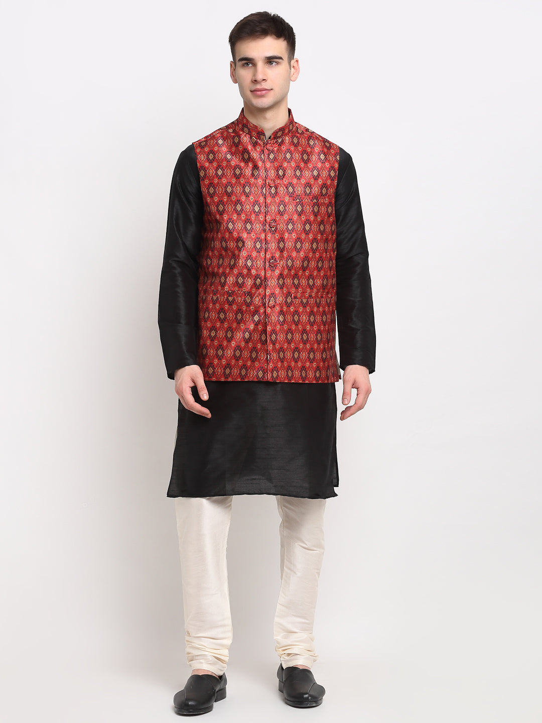 Men's Black Dupion Silk Kurta with Churidar & Nehru Jacket ( JOKPWC B-D 4025Red ) - Virat Fashions