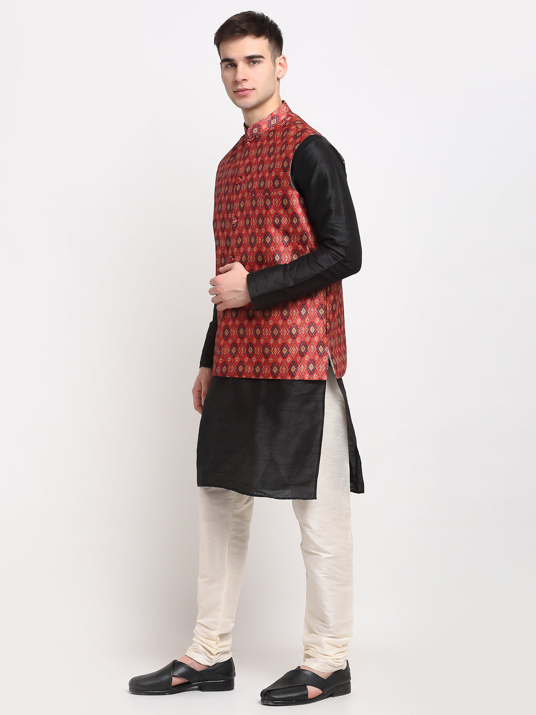 Men's Black Dupion Silk Kurta with Churidar & Nehru Jacket ( JOKPWC B-D 4025Red ) - Virat Fashions