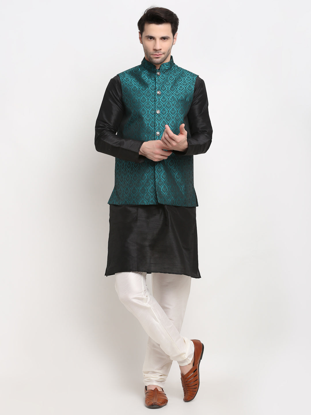Men's Black Dupion Silk Kurta with Churidar & Nehru Jacket ( JOKPWC B-D 4027Green ) - Virat Fashions