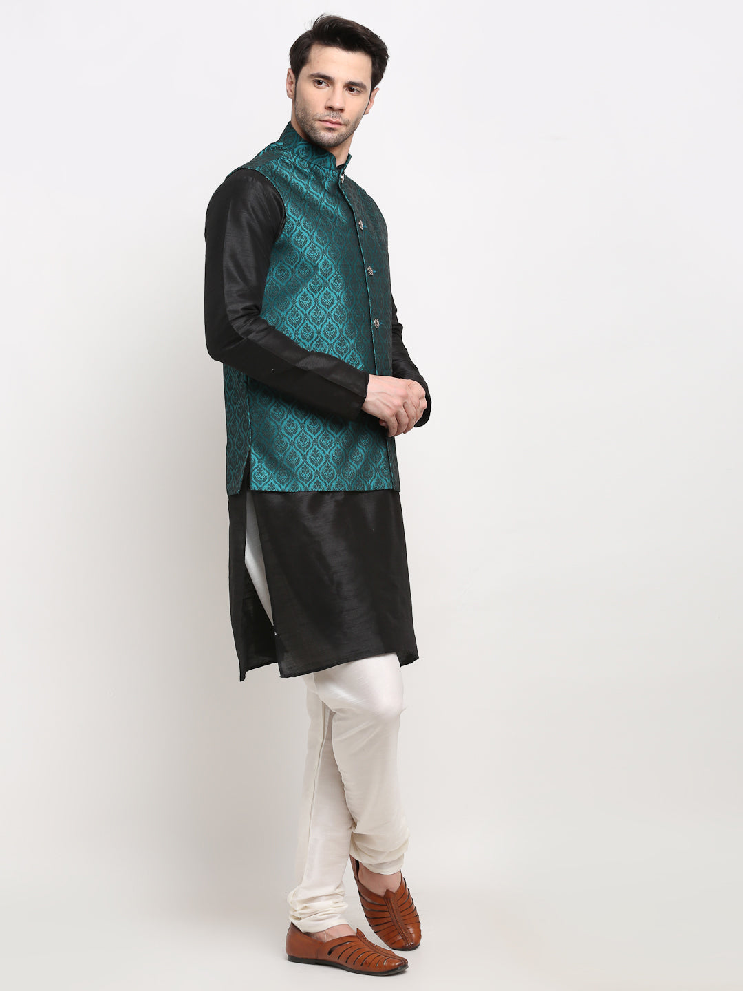 Men's Black Dupion Silk Kurta with Churidar & Nehru Jacket ( JOKPWC B-D 4027Green ) - Virat Fashions