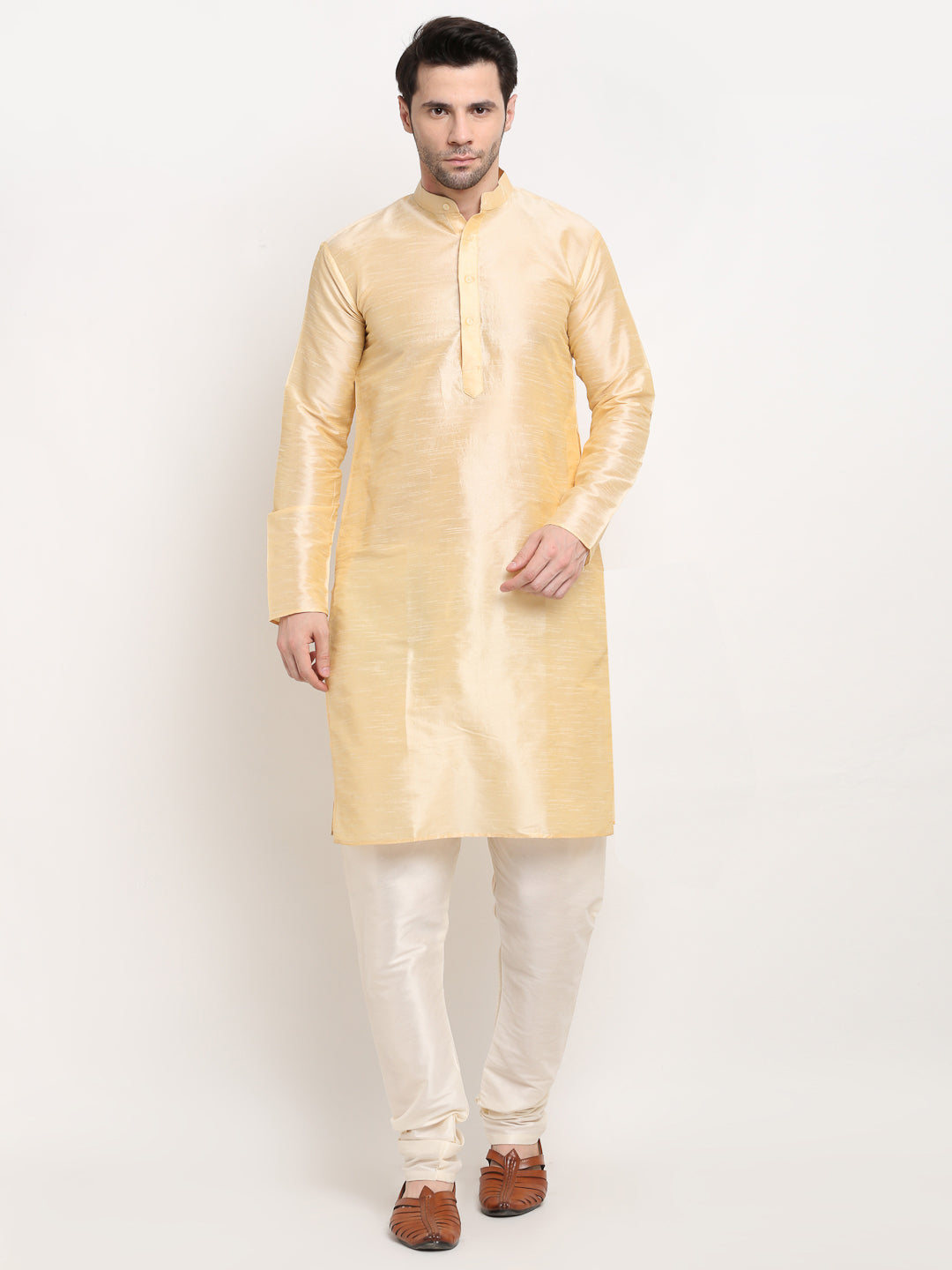 Men's Golden Dupion Silk Kurta with Churidar & Nehru Jacket ( JOKPWC G-D 4026Black ) - Virat Fashions