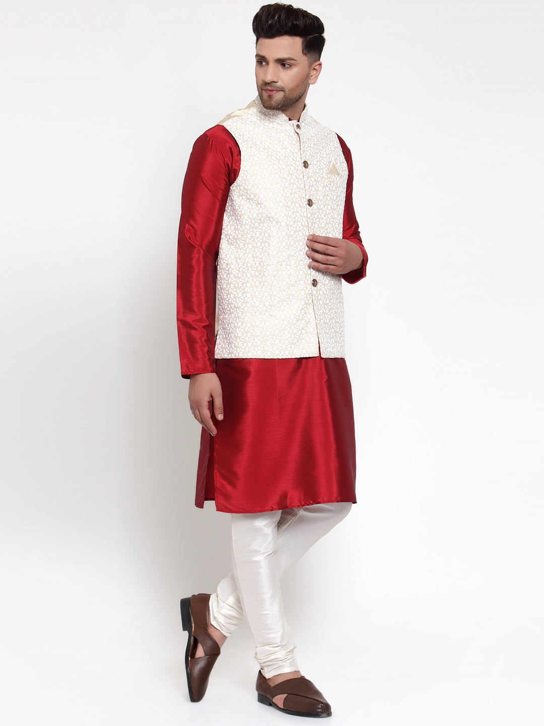 Men's Solid Dupion Kurta Pajama with Embroidered Nehru Jacket ( JOKPWC M-D 4012Beige ) - Virat Fashions