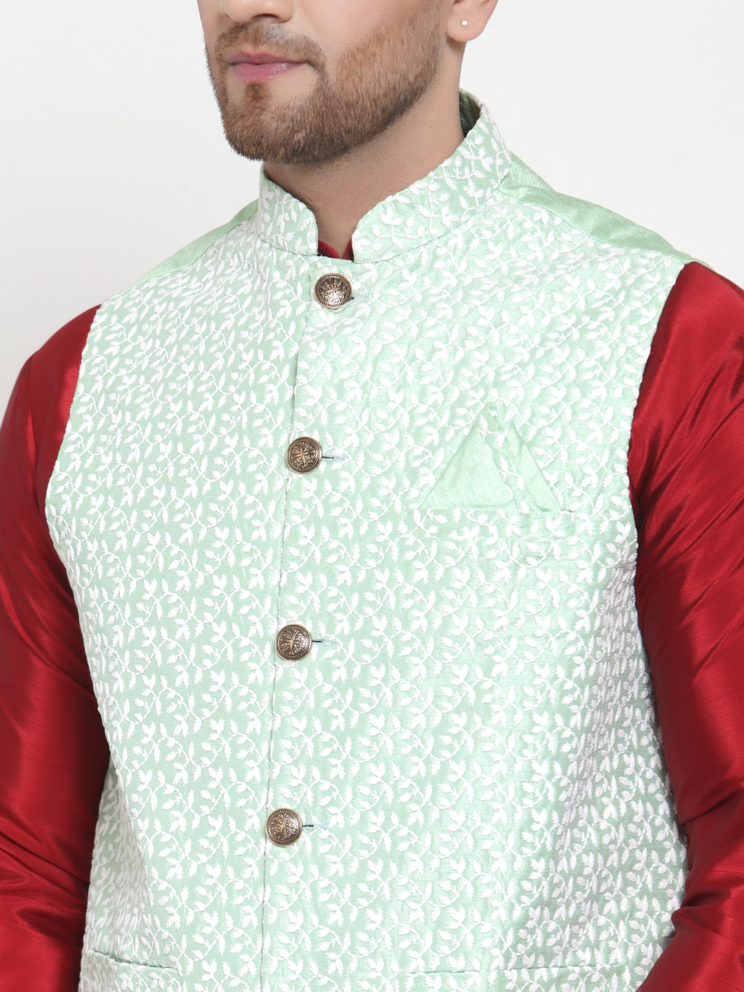 Men's Solid Dupion Kurta Pajama with Embroidered Nehru Jacket ( JOKPWC M-D 4012Light-Green ) - Virat Fashions