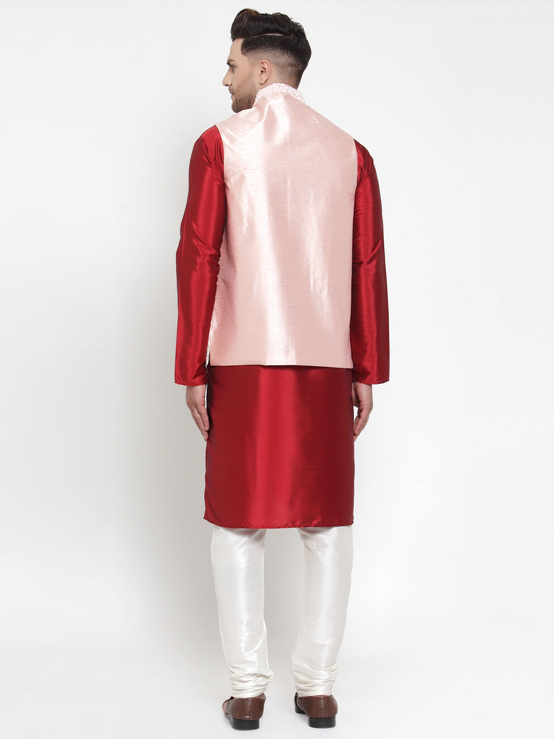 Men's Solid Dupion Kurta Pajama with Embroidered Nehru Jacket ( JOKPWC M-D 4012Pink ) - Virat Fashions