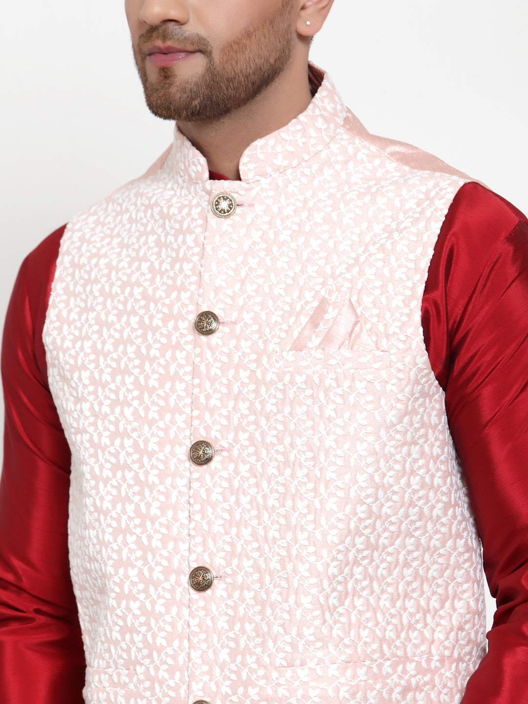 Men's Solid Dupion Kurta Pajama with Embroidered Nehru Jacket ( JOKPWC M-D 4012Pink ) - Virat Fashions