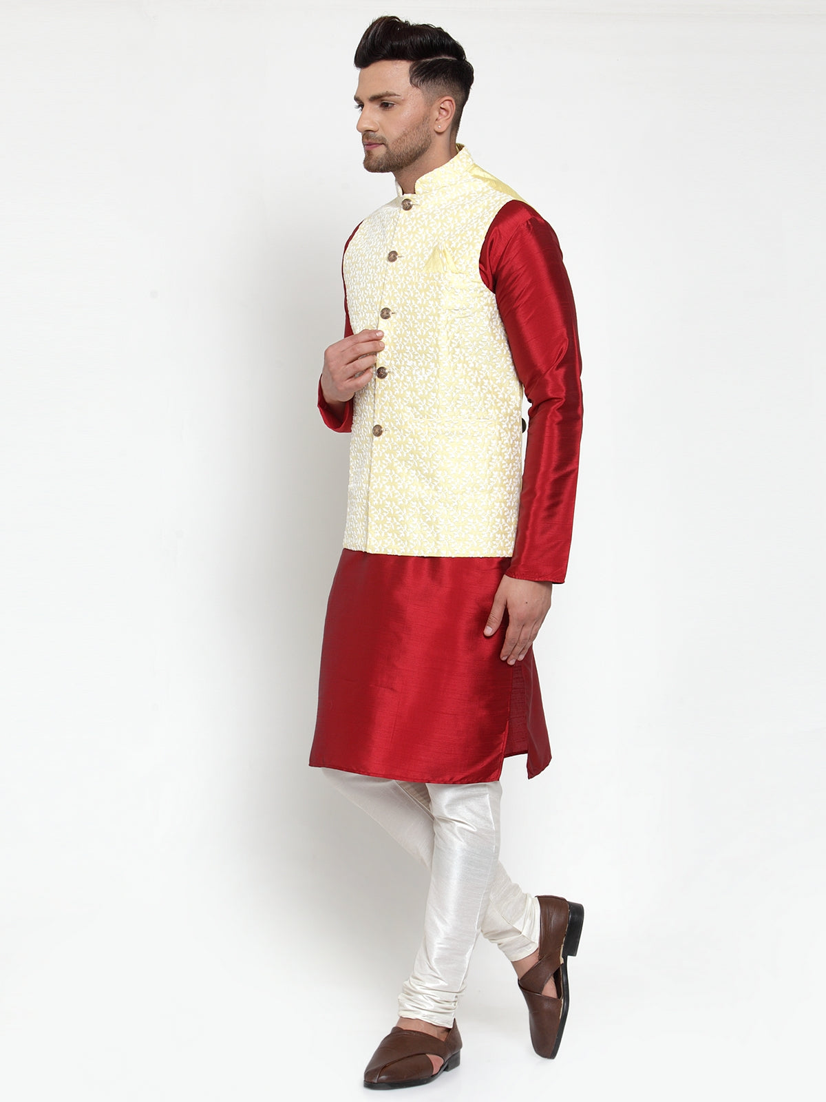Men's Solid Dupion Kurta Pajama with Embroidered Nehru Jacket ( JOKPWC M-D 4012Yellow ) - Virat Fashions