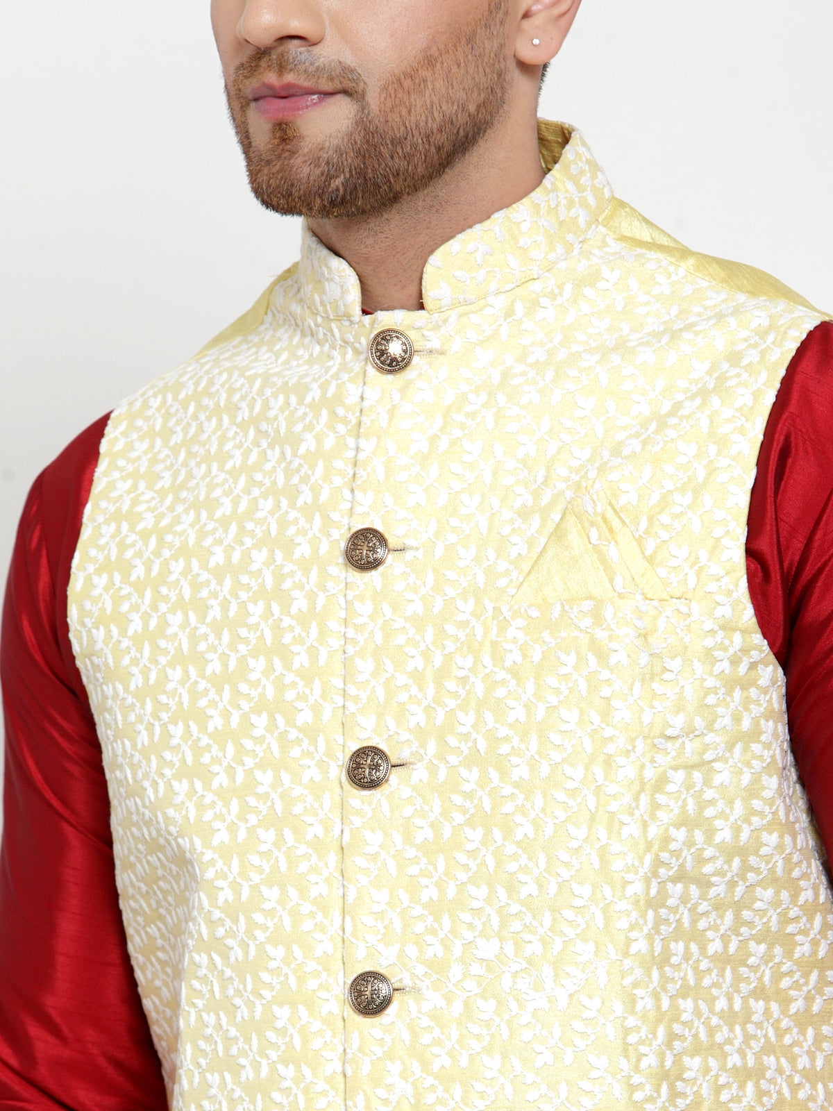 Men's Solid Dupion Kurta Pajama with Embroidered Nehru Jacket ( JOKPWC M-D 4012Yellow ) - Virat Fashions