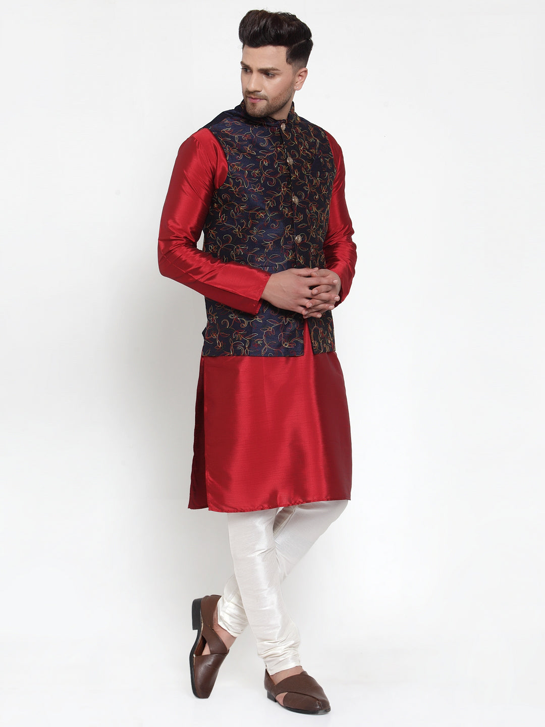 Men's Solid Dupion Kurta Pajama with Woven Nehru Jacket ( JOKPWC M-D 4013Navy ) - Virat Fashions
