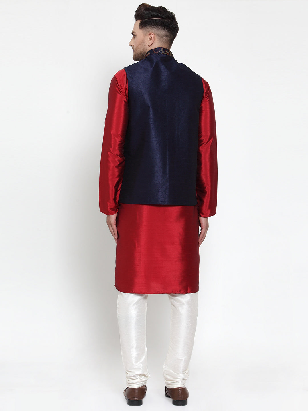 Men's Solid Dupion Kurta Pajama with Woven Nehru Jacket ( JOKPWC M-D 4013Navy ) - Virat Fashions