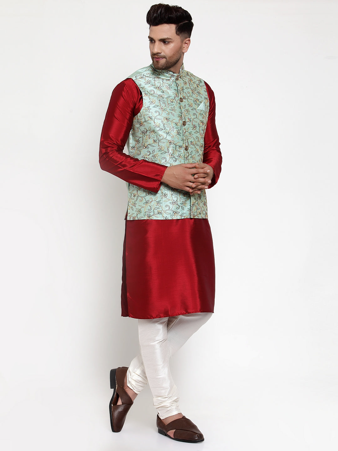 Men's Solid Dupion Kurta Pajama with Woven Nehru Jacket ( JOKPWC M-D 4013Sky ) - Virat Fashions