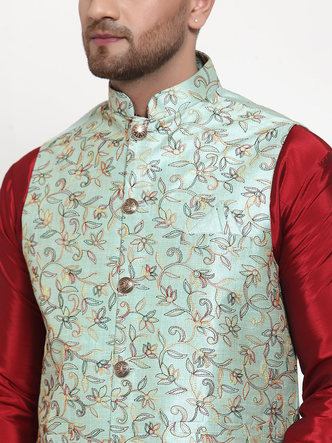 Men's Solid Dupion Kurta Pajama with Woven Nehru Jacket ( JOKPWC M-D 4013Sky ) - Virat Fashions