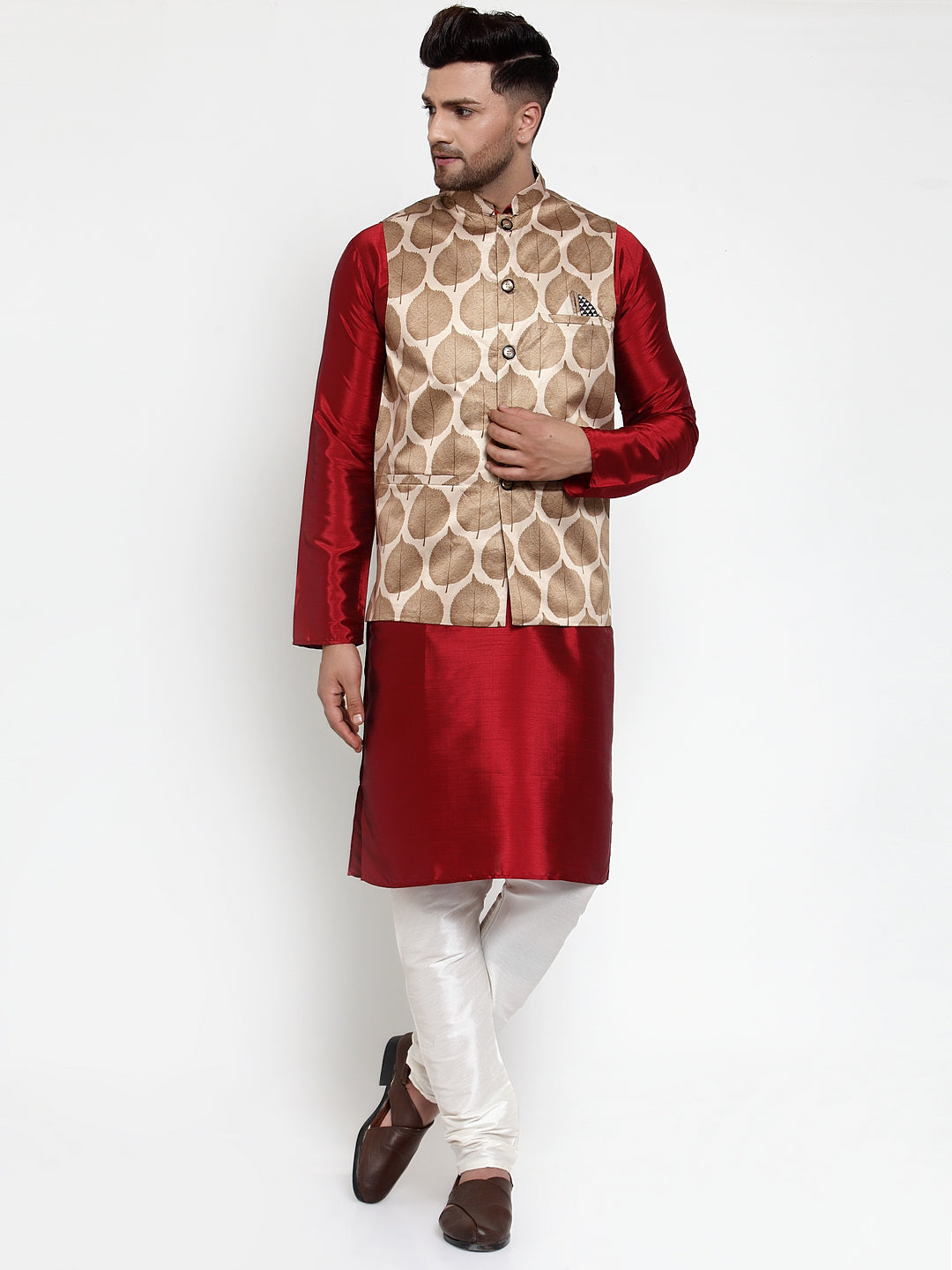 Men's Solid Dupion Kurta Pajama with Printed Nehru Jacket ( JOKPWC M-D 4014Brown ) - Virat Fashions