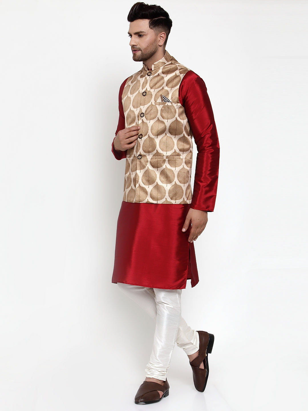 Men's Solid Dupion Kurta Pajama with Printed Nehru Jacket ( JOKPWC M-D 4014Brown ) - Virat Fashions