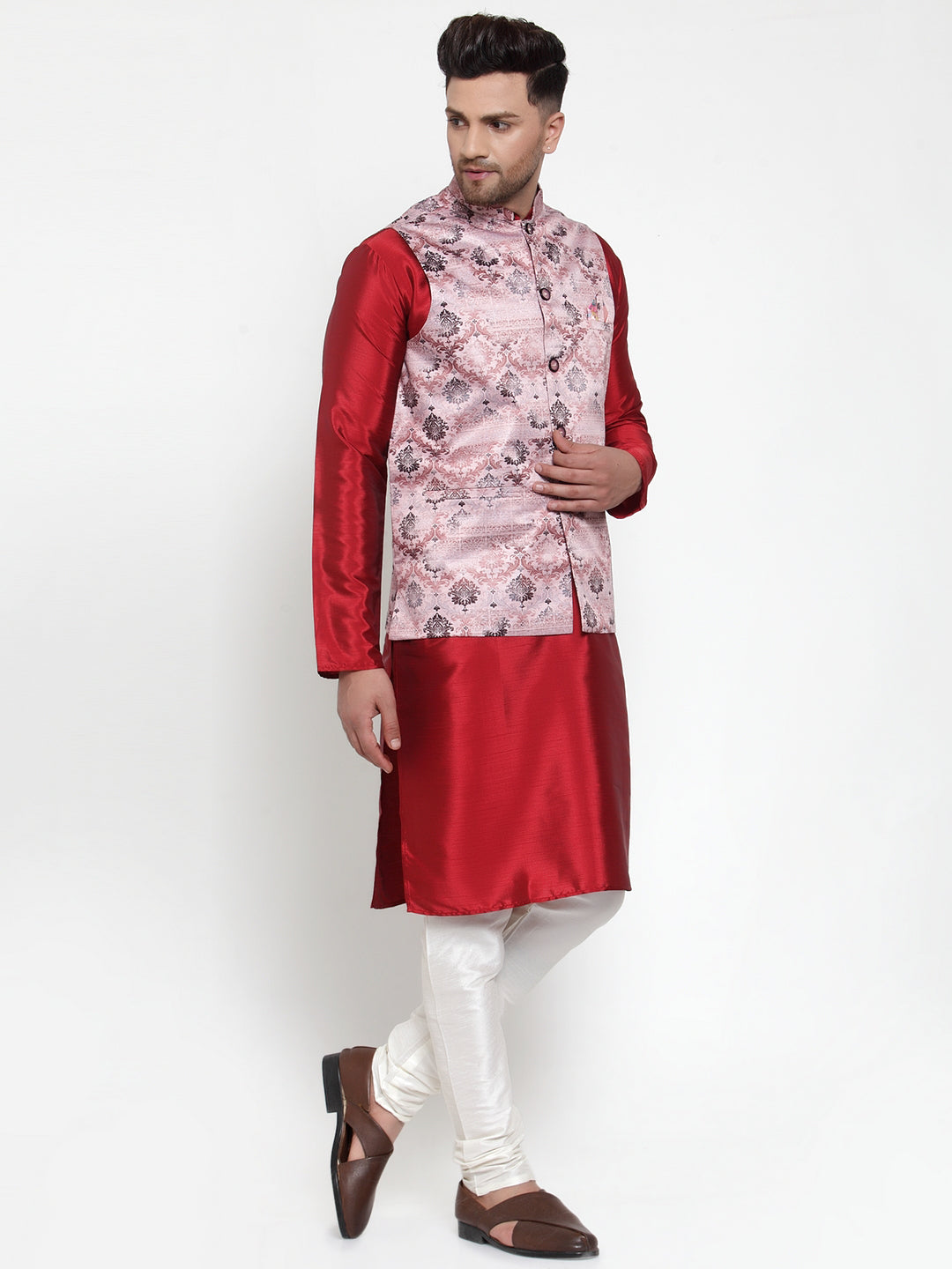 Men's Solid Dupion Kurta Pajama with Printed Nehru Jacket ( JOKPWC M-D 4014Pink ) - Virat Fashions