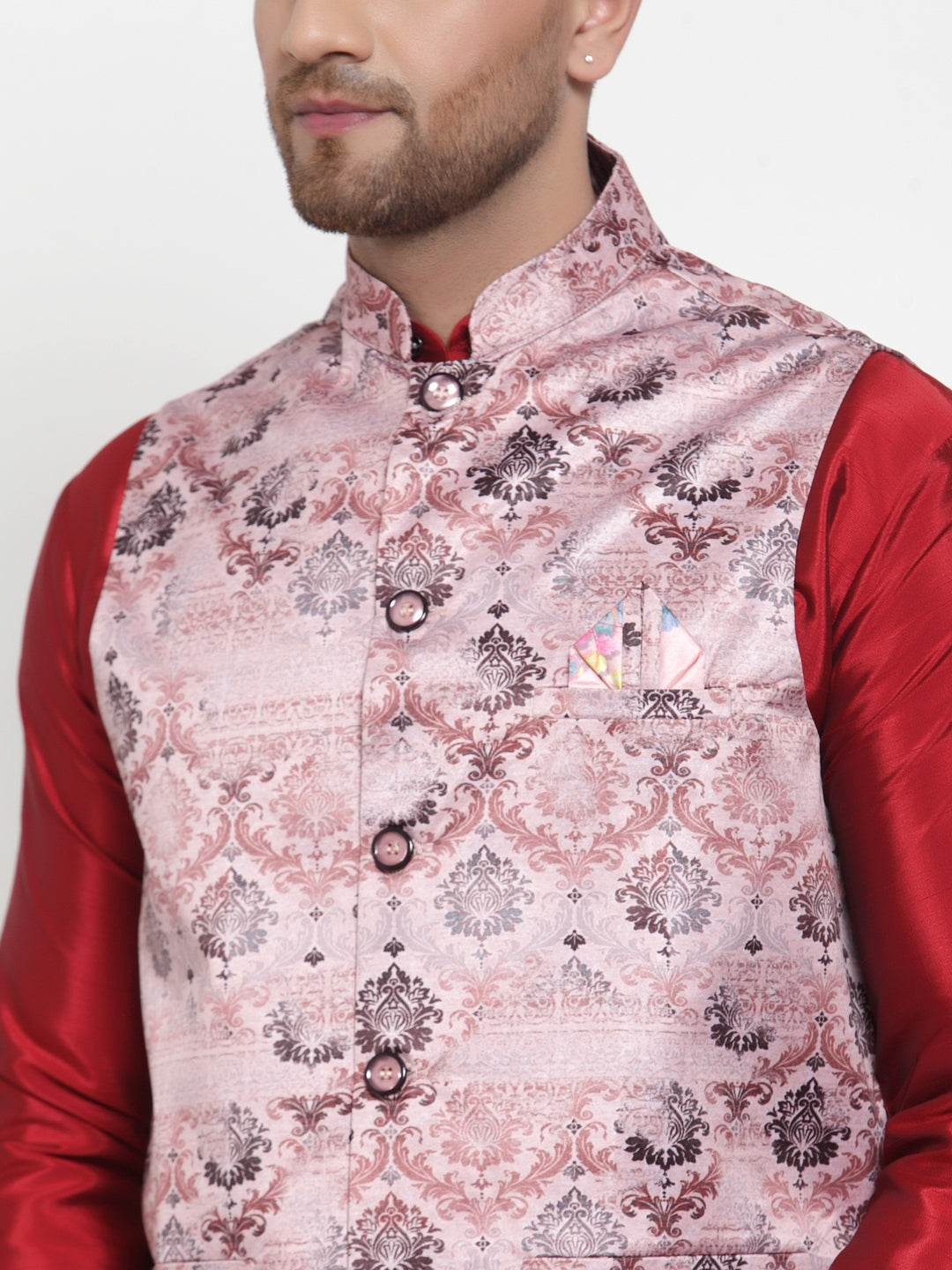 Men's Solid Dupion Kurta Pajama with Printed Nehru Jacket ( JOKPWC M-D 4014Pink ) - Virat Fashions