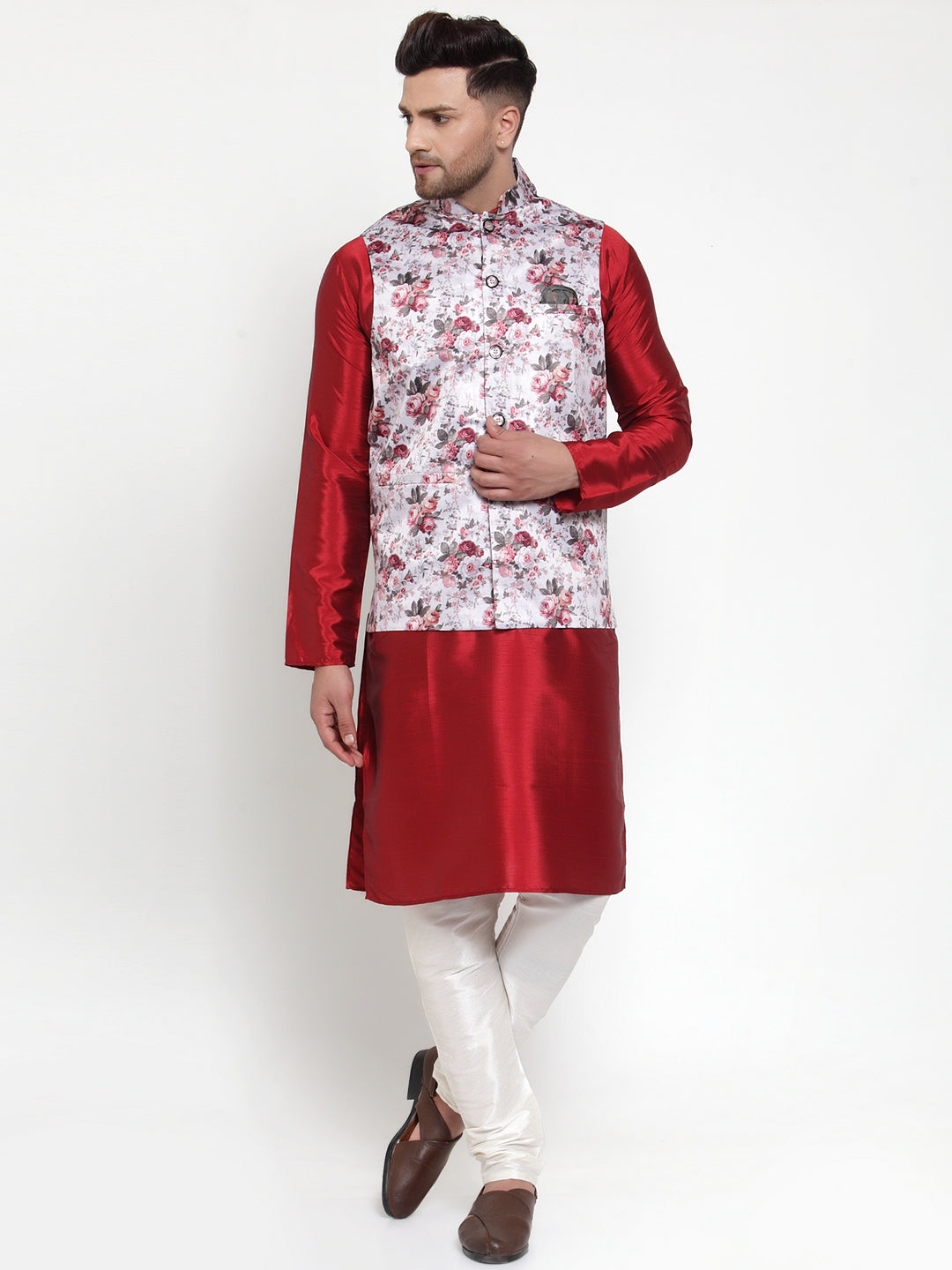 Men's Solid Dupion Kurta Pajama with Printed Nehru Jacket ( JOKPWC M-D 4014Silver ) - Virat Fashions