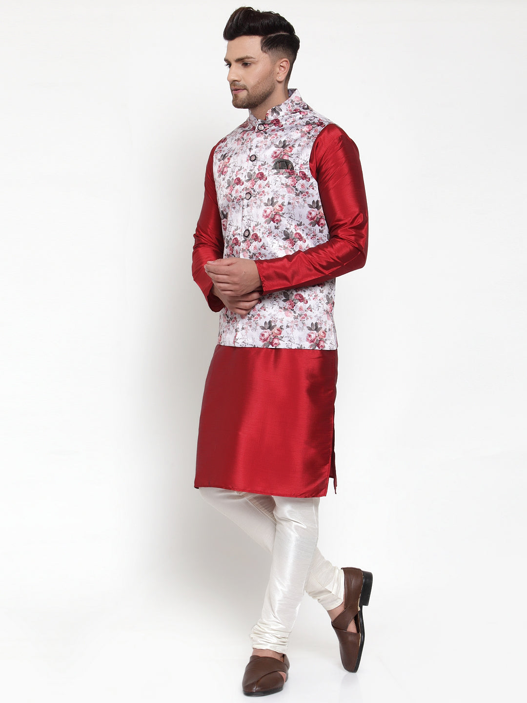 Men's Solid Dupion Kurta Pajama with Printed Nehru Jacket ( JOKPWC M-D 4014Silver ) - Virat Fashions