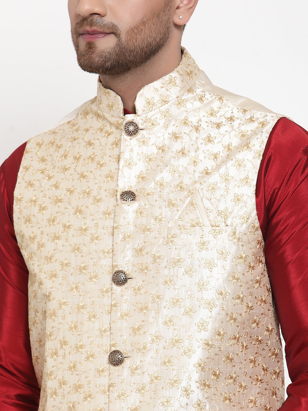 Men's Solid Dupion Kurta Pajama with Embroidered Nehru Jacket ( JOKPWC M-D 4015Cream ) - Virat Fashions