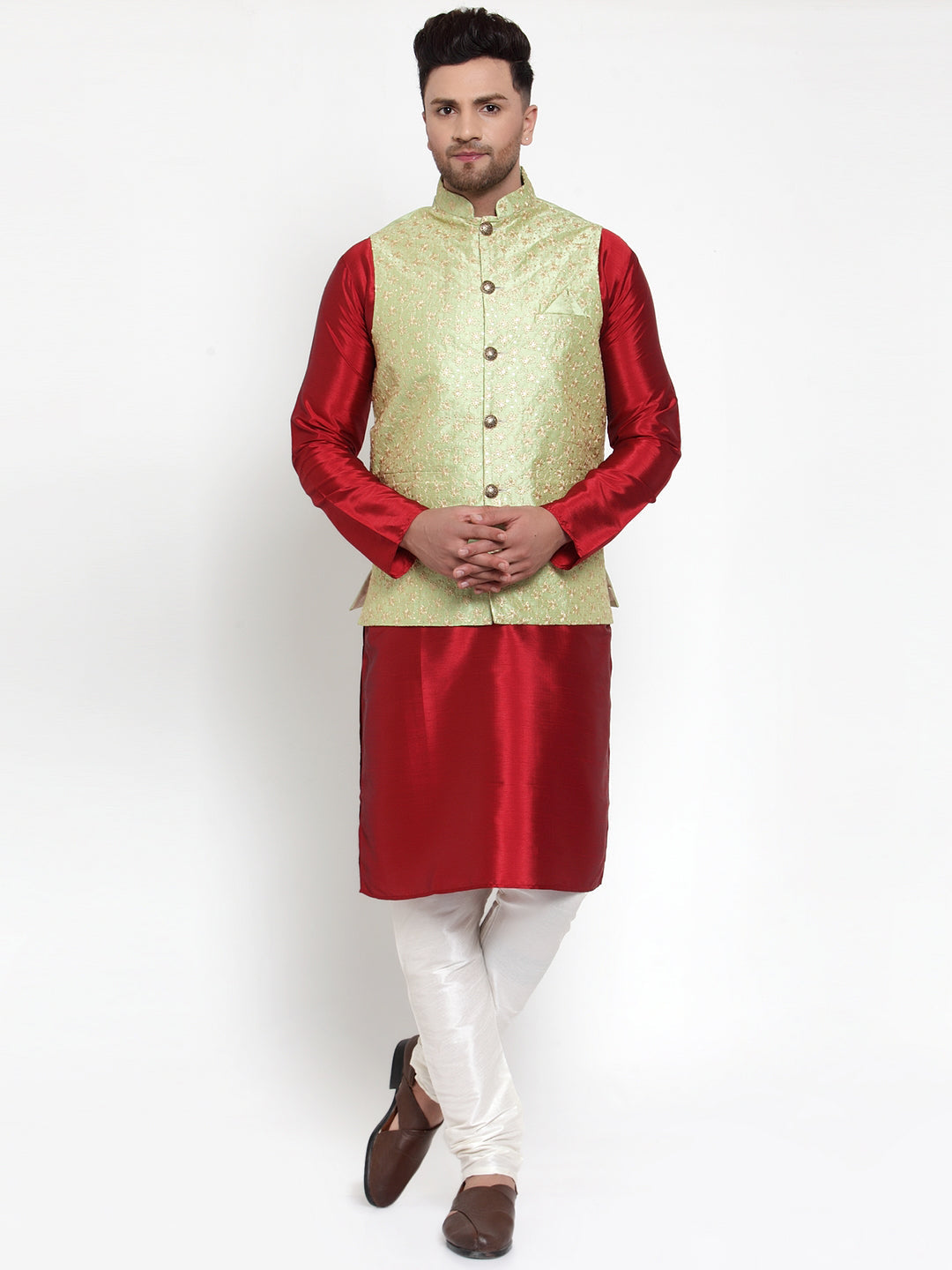 Men's Solid Dupion Kurta Pajama with Embroidered Nehru Jacket ( JOKPWC M-D 4015Green ) - Virat Fashions