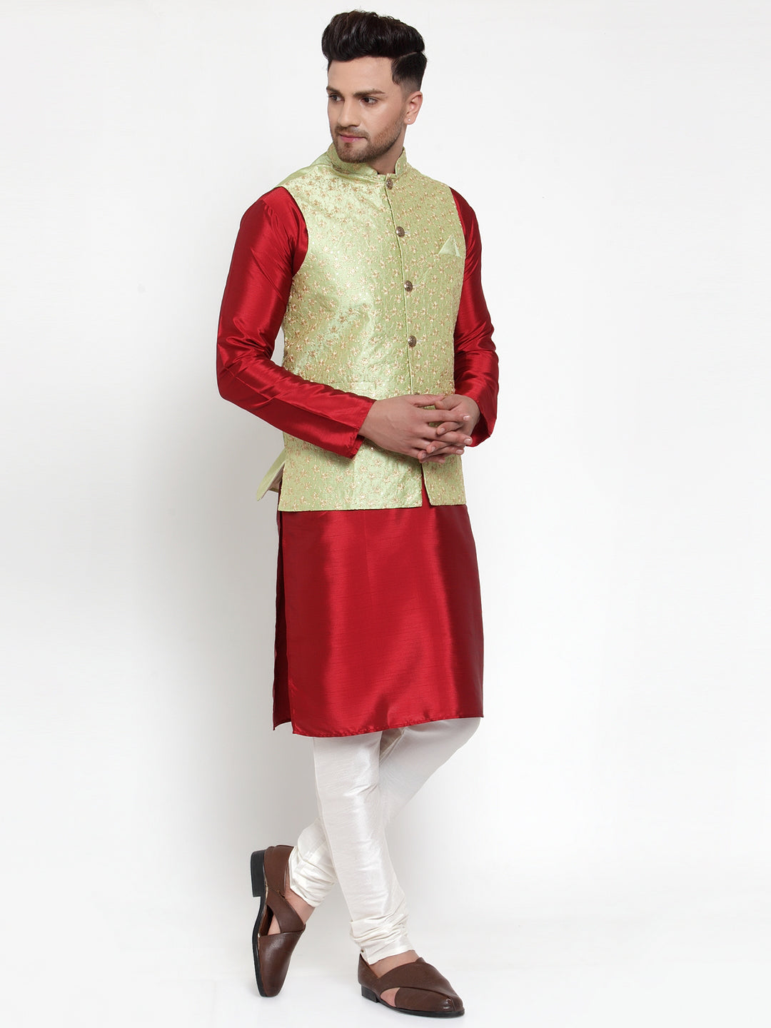 Men's Solid Dupion Kurta Pajama with Embroidered Nehru Jacket ( JOKPWC M-D 4015Green ) - Virat Fashions