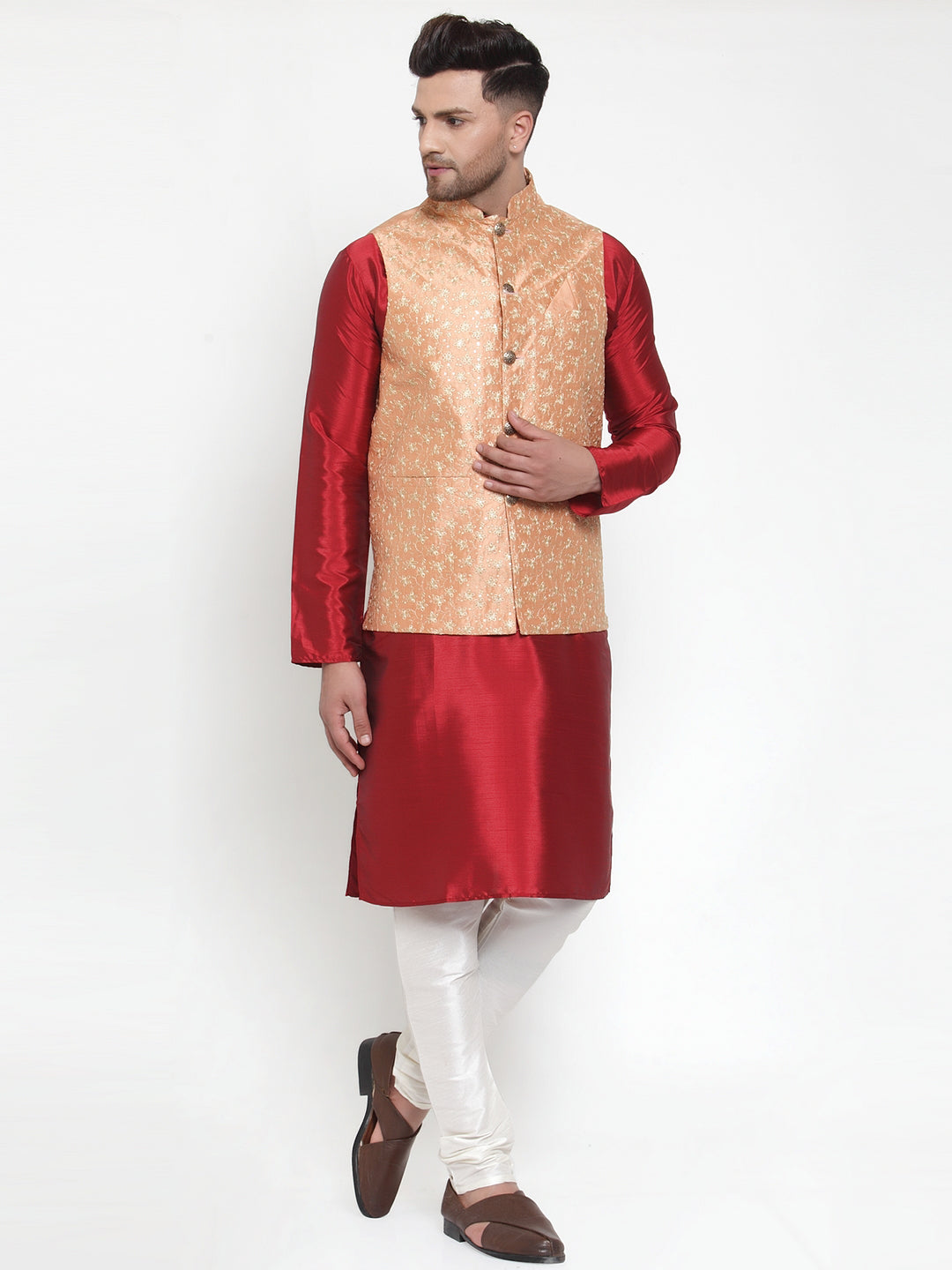 Men's Solid Dupion Kurta Pajama with Embroidered Nehru Jacket ( JOKPWC M-D 4015Peach ) - Virat Fashions