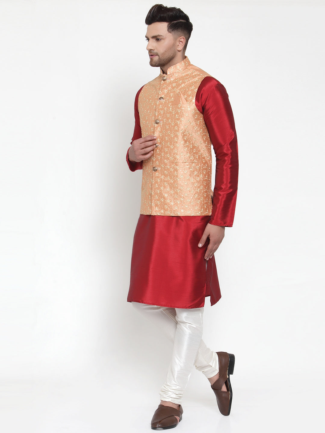 Men's Solid Dupion Kurta Pajama with Embroidered Nehru Jacket ( JOKPWC M-D 4015Peach ) - Virat Fashions