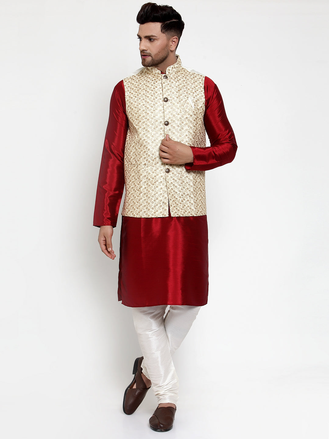 Men's Solid Dupion Kurta Pajama with Embroidered Nehru Jacket ( JOKPWC M-D 4016Cream ) - Virat Fashions