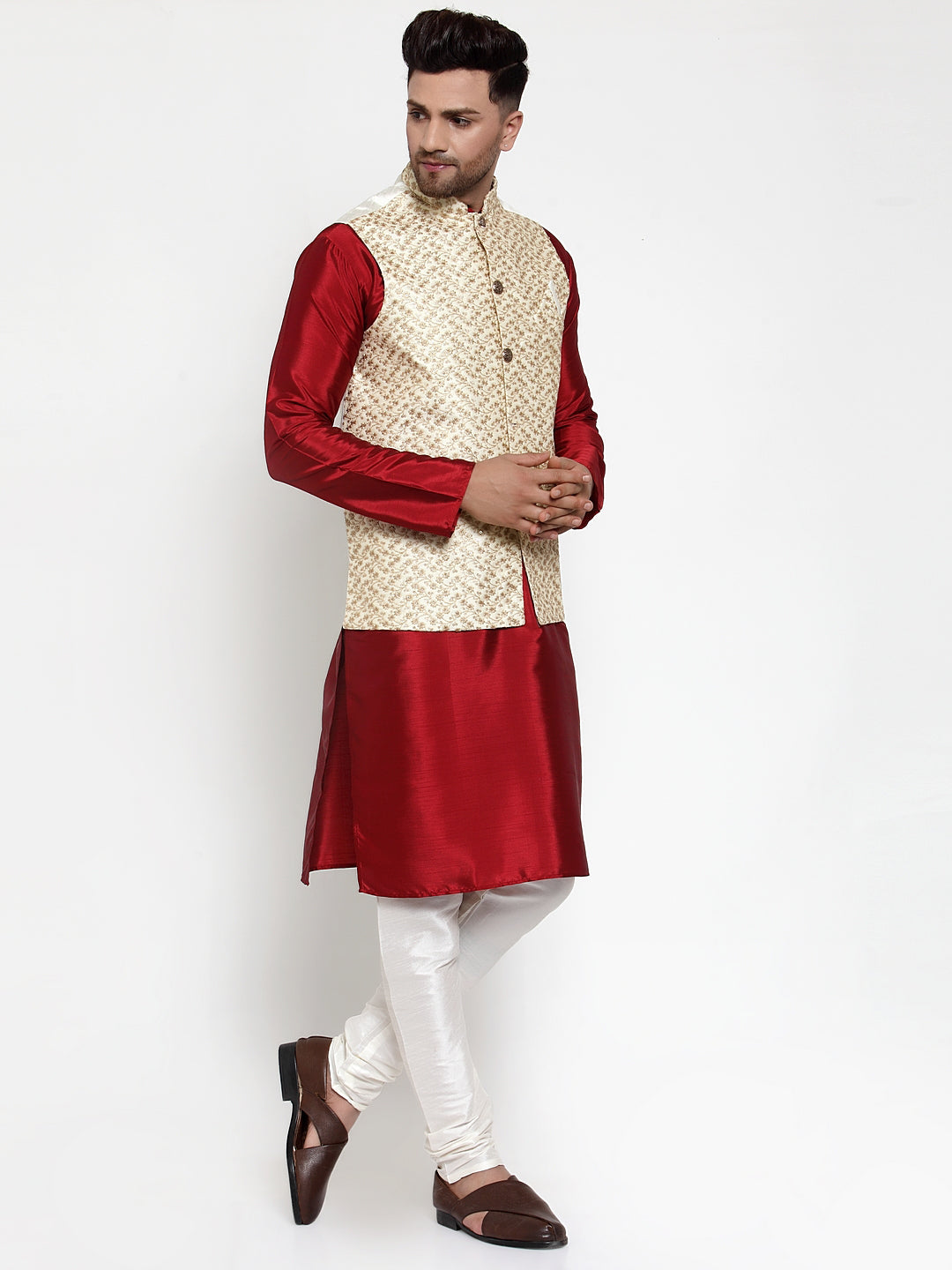 Men's Solid Dupion Kurta Pajama with Embroidered Nehru Jacket ( JOKPWC M-D 4016Cream ) - Virat Fashions
