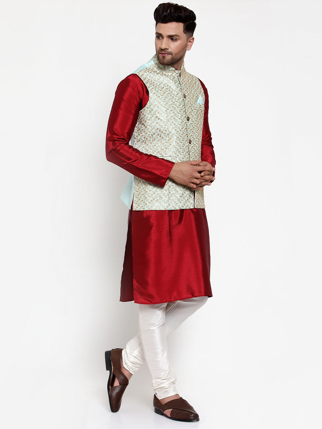 Men's Solid Dupion Kurta Pajama with Embroidered Nehru Jacket ( JOKPWC M-D 4016Sky ) - Virat Fashions