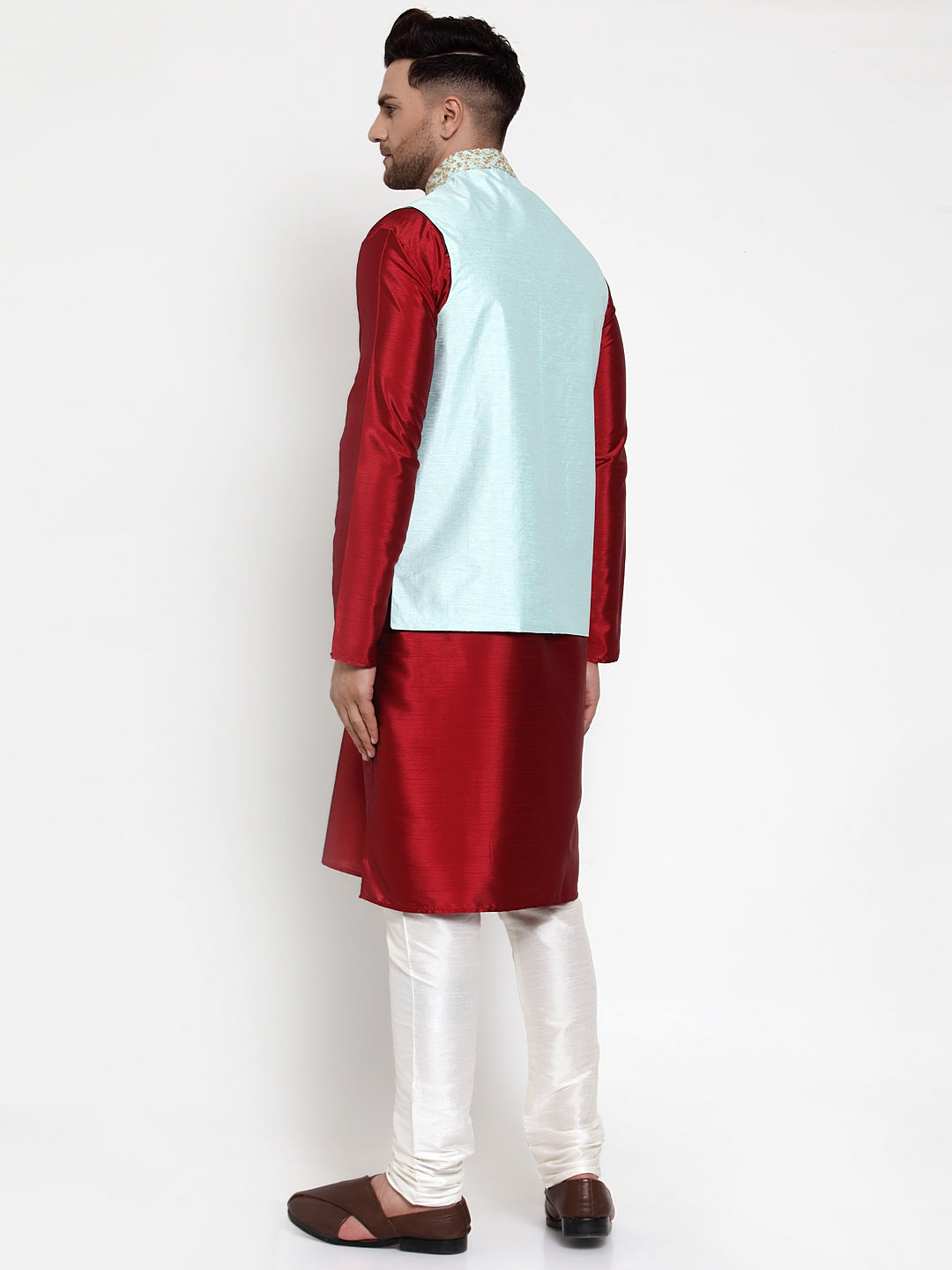 Men's Solid Dupion Kurta Pajama with Embroidered Nehru Jacket ( JOKPWC M-D 4016Sky ) - Virat Fashions