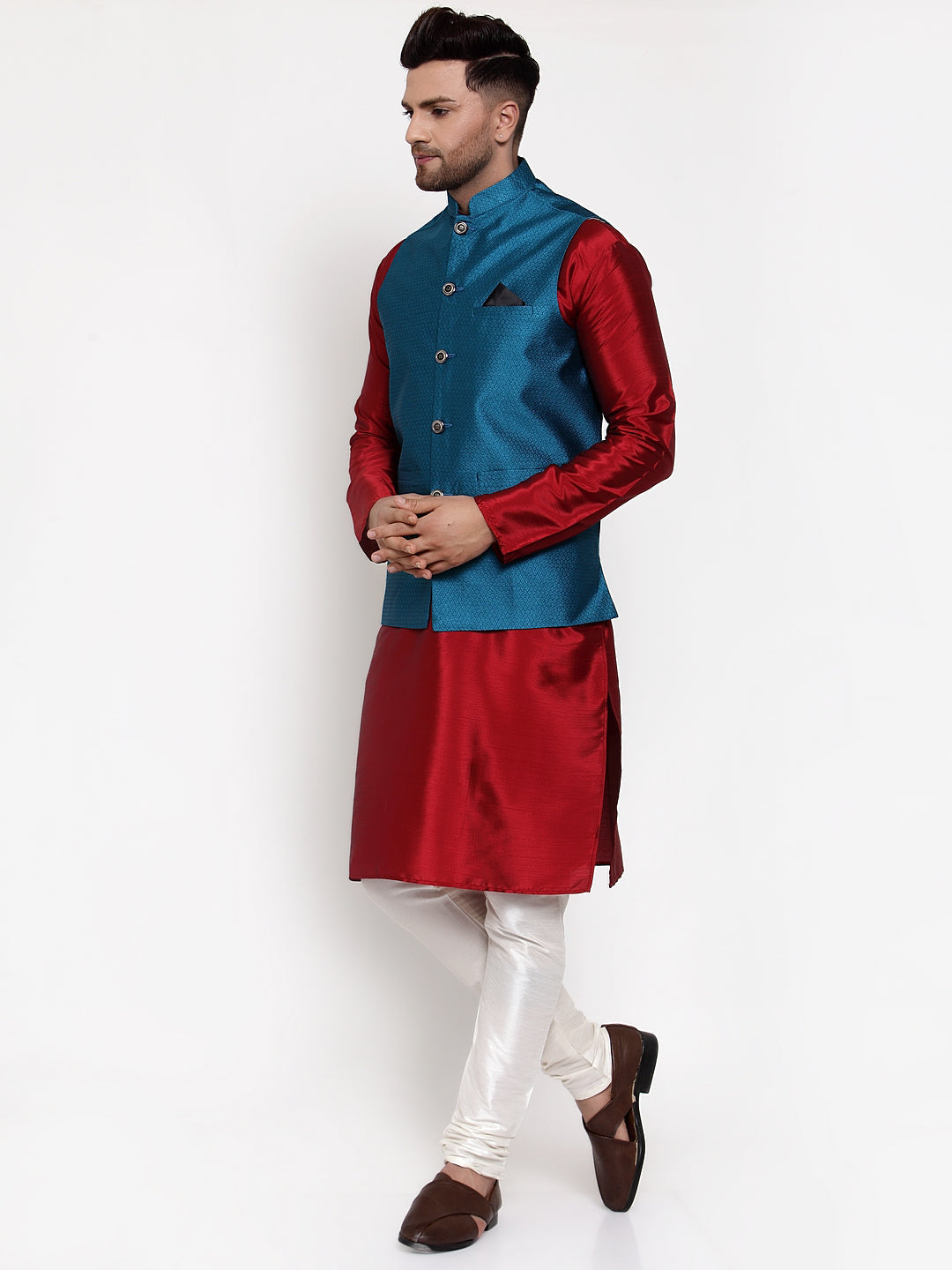 Men's Solid Dupion Kurta Pajama with Woven Nehru Jacket ( JOKPWC M-D 4017Blue ) - Virat Fashions