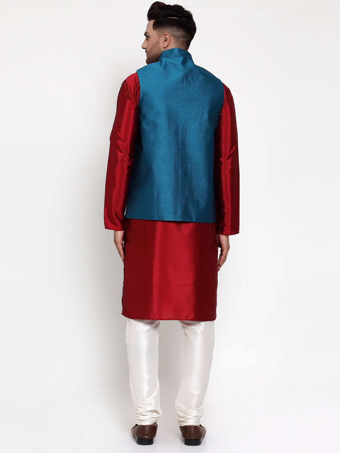 Men's Solid Dupion Kurta Pajama with Woven Nehru Jacket ( JOKPWC M-D 4017Blue ) - Virat Fashions