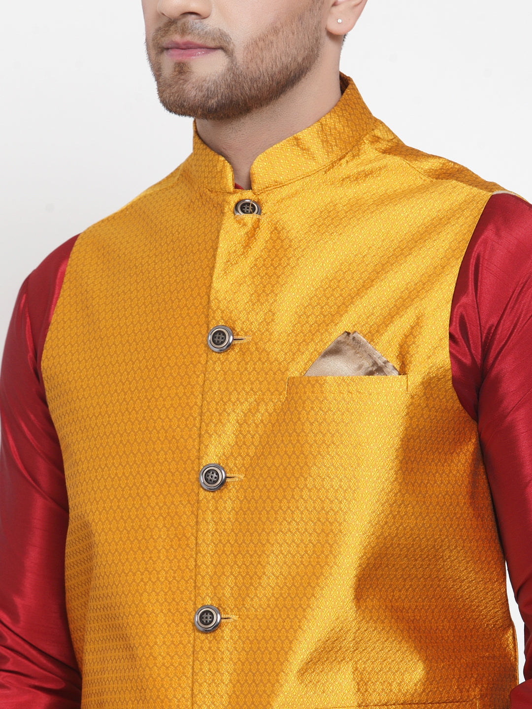 Men's Solid Dupion Kurta Pajama with Woven Nehru Jacket ( JOKPWC M-D 4017Yellow ) - Virat Fashions