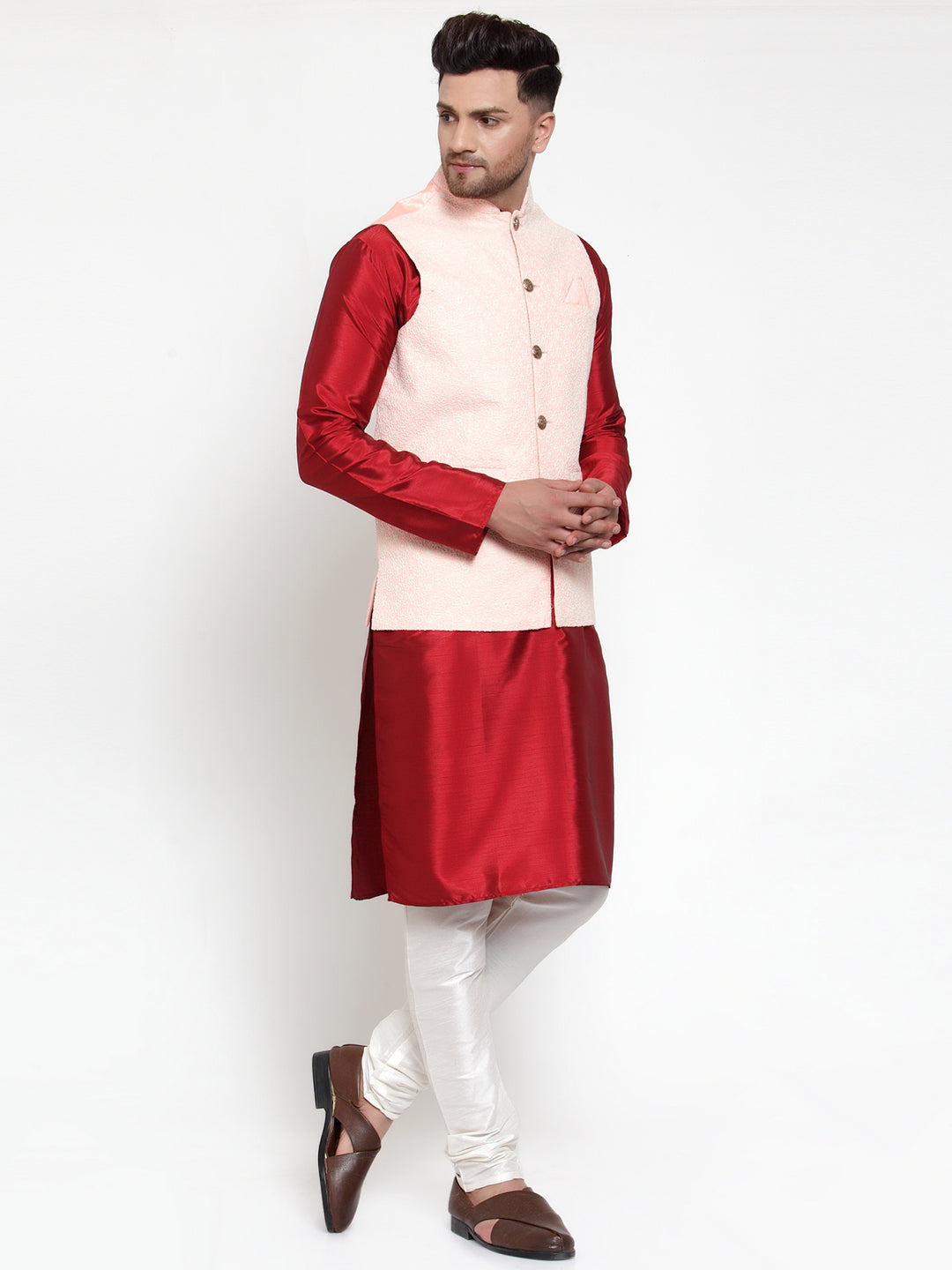 Men's Solid Dupion Kurta Pajama with Embroiderd Nehru Jacket ( JOKPWC M-D 4018Pink ) - Virat Fashions