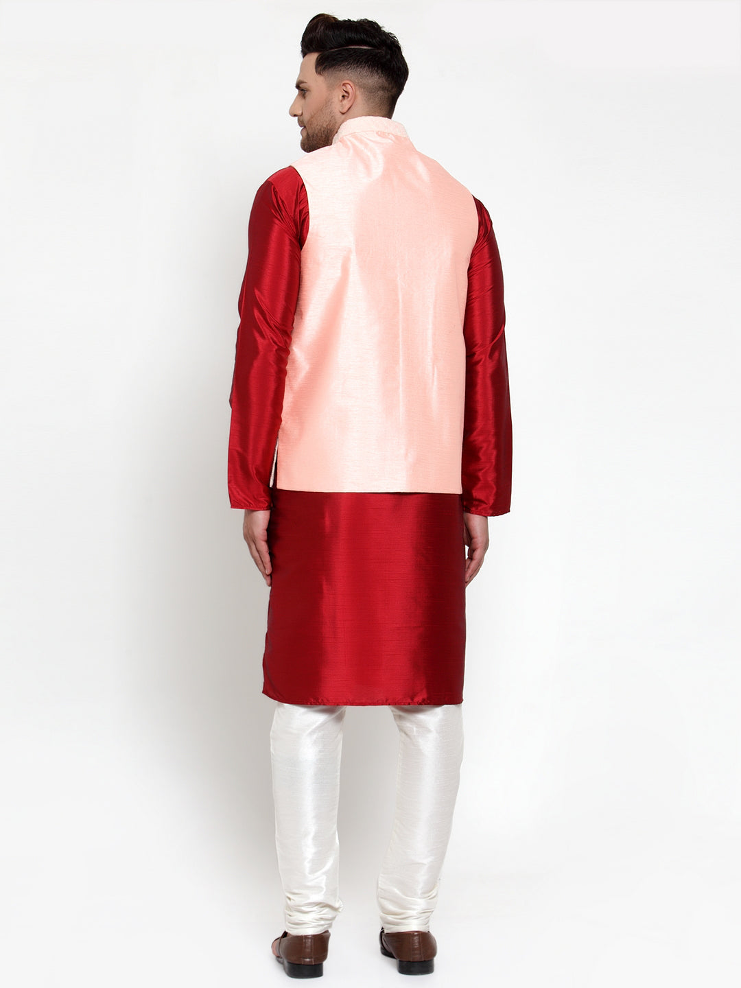 Men's Solid Dupion Kurta Pajama with Embroiderd Nehru Jacket ( JOKPWC M-D 4018Pink ) - Virat Fashions