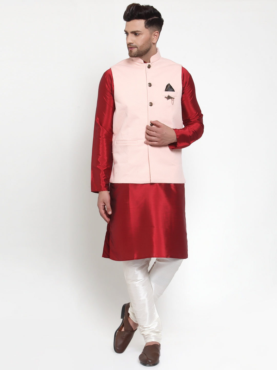 Men's Solid Dupion Kurta Pajama with Woven Nehru Jacket ( JOKPWC M-D 4019 Peach ) - Virat Fashions