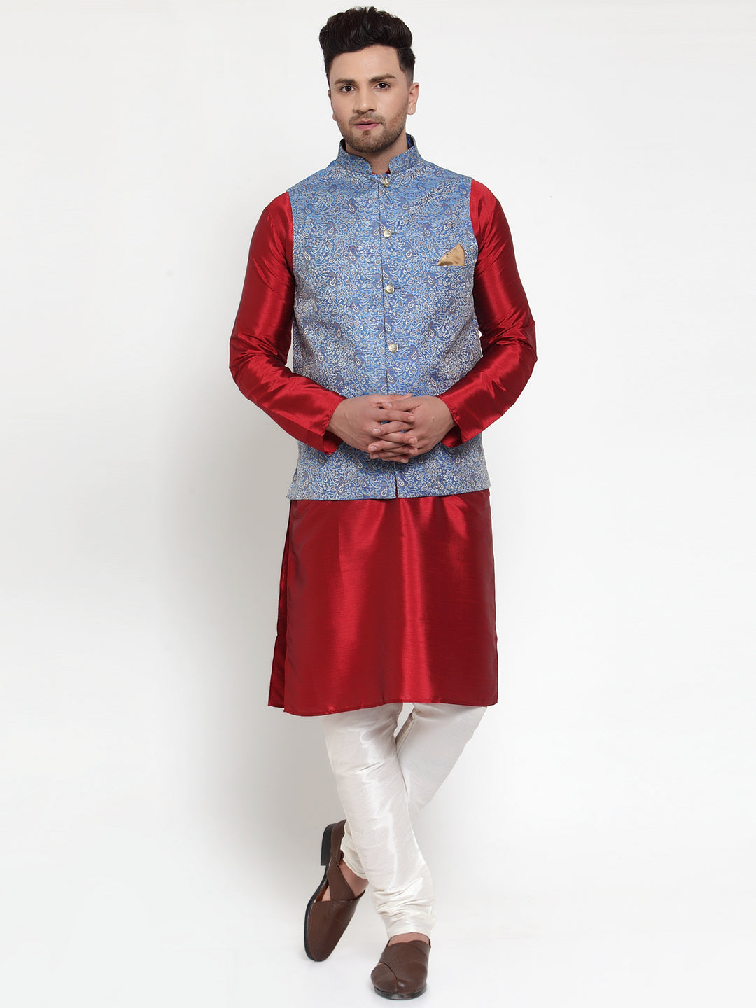 Men's Solid Dupion Kurta Pajama with Woven Jacqaurd Nehru Jacket ( JOKPWC M-D 4020Blue ) - Virat Fashions